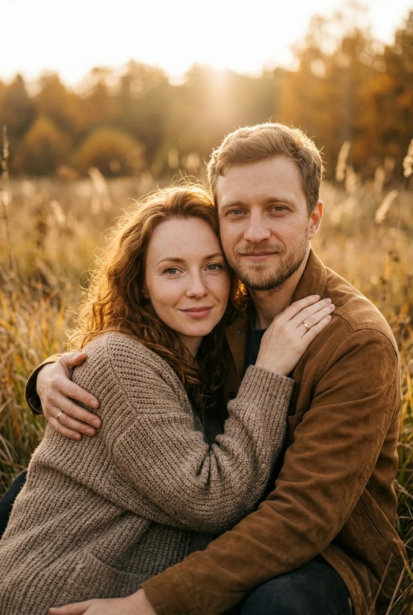 Тёплые объятия на закате: сидят в поле, она у него на груди — кадр ИИ-фотосессии