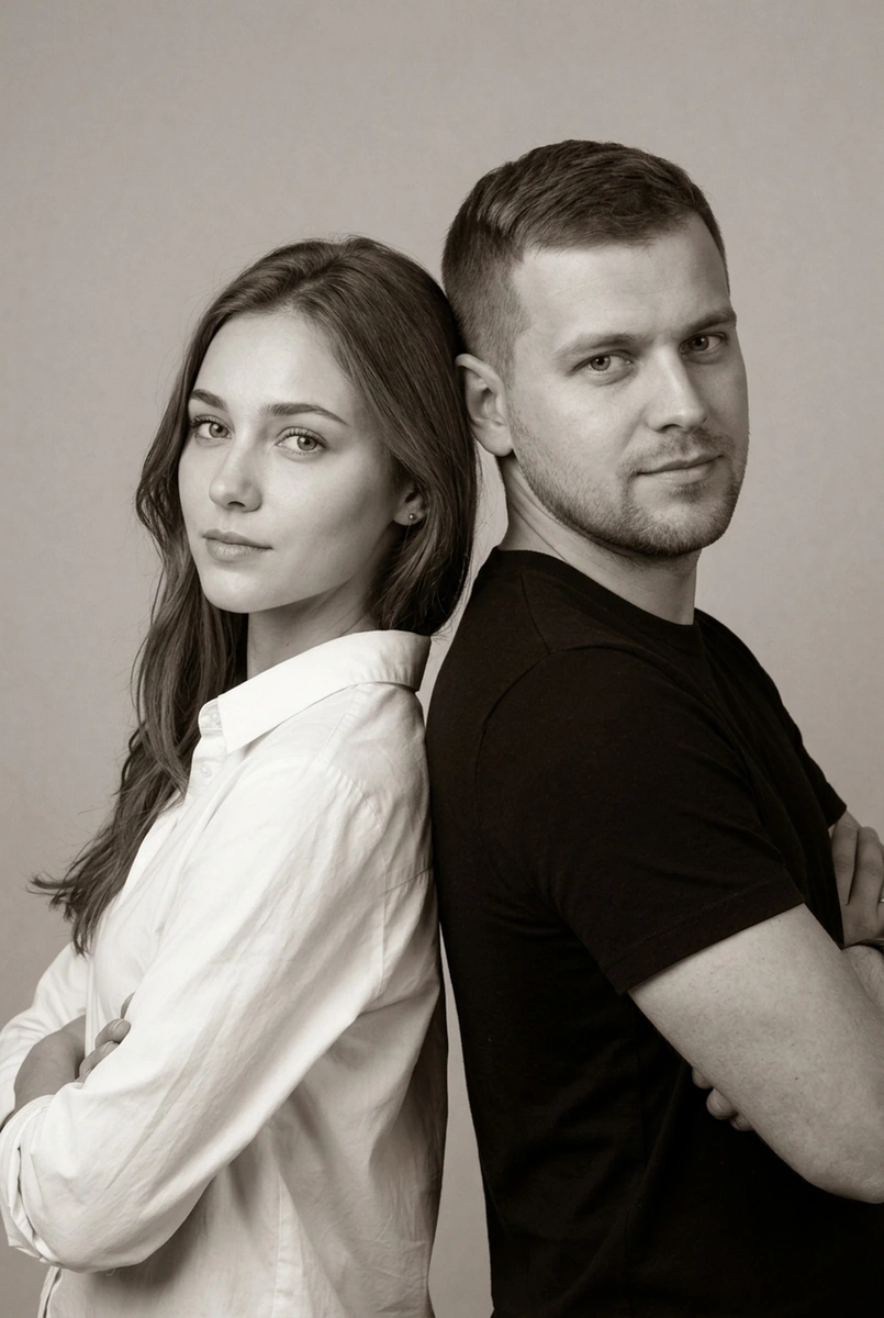 Нежность · ч/б студия: спина к спине — кадр ИИ-фотосессии