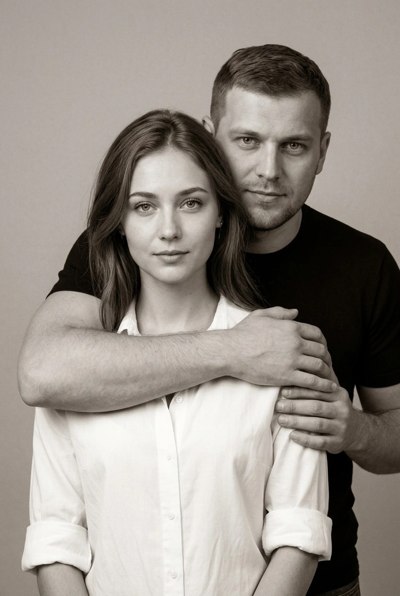 Нежность · ч/б студия: он обнимает сзади — кадр ИИ-фотосессии