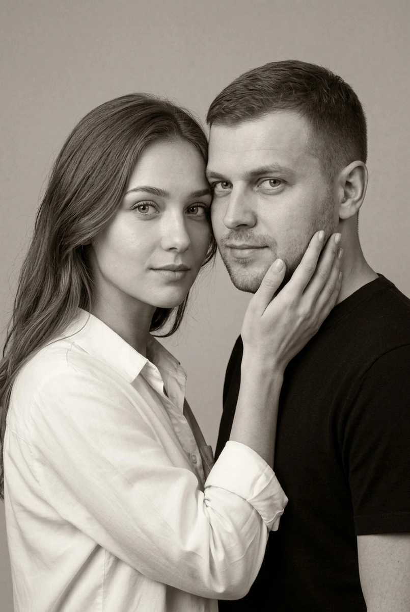 Нежность · ч/б студия: её ладонь на его щеке — кадр ИИ-фотосессии