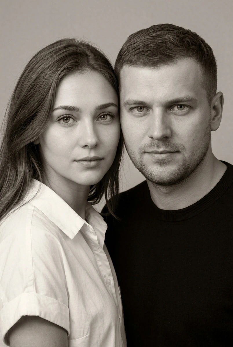 Нежность · ч/б студия: через плечо, щека к щеке — кадр ИИ-фотосессии
