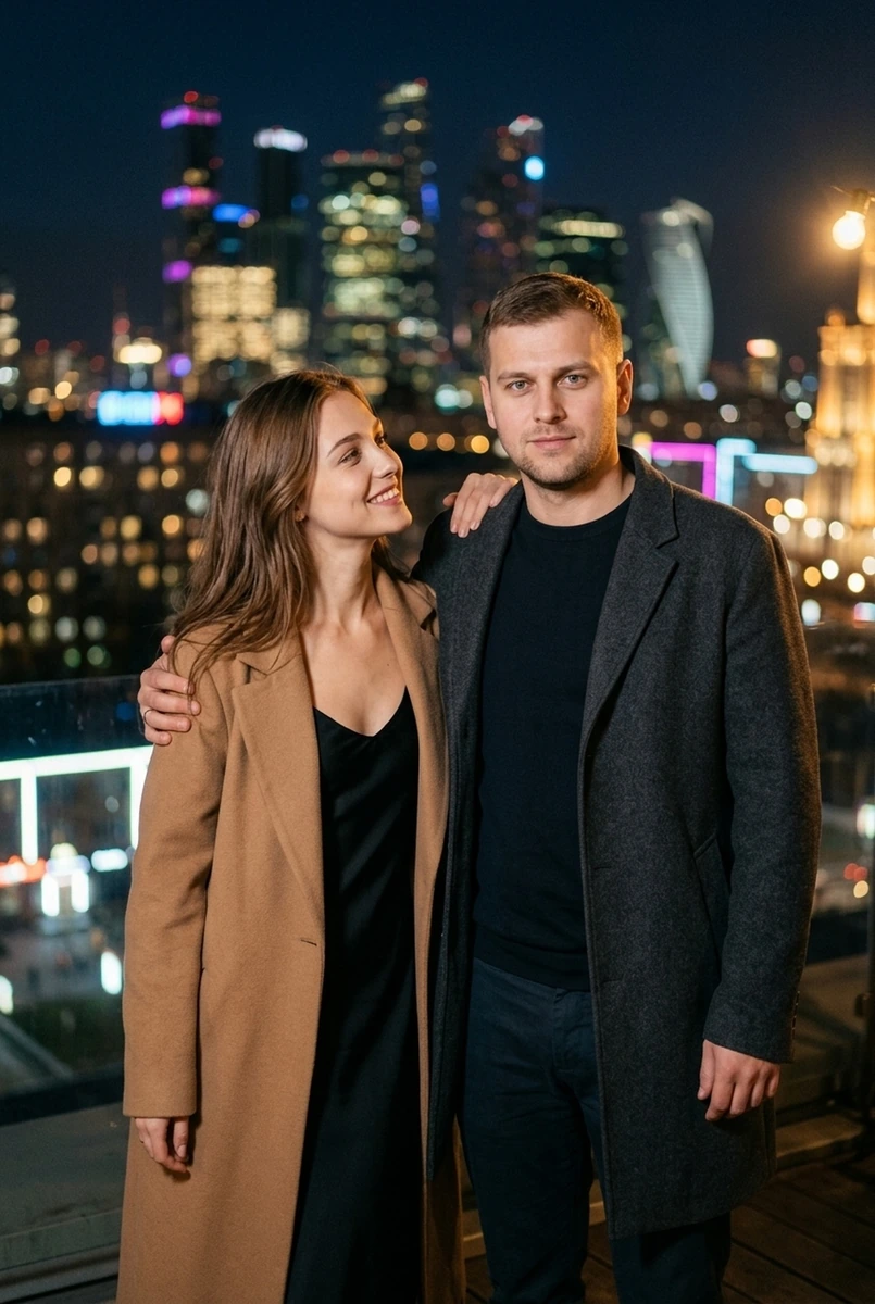 Пара на крыше ночного города: она смотрит на него — кадр ИИ-фотосессии
