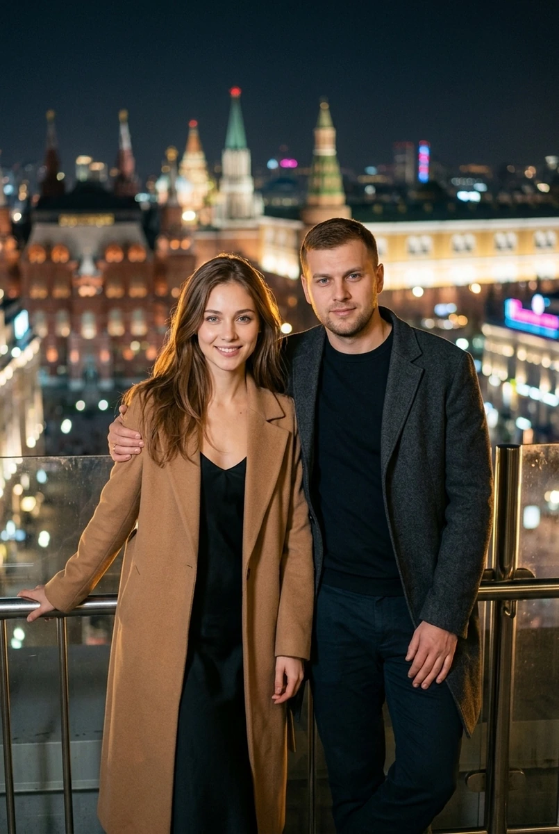 Пара на крыше ночного города: у парапета, оба в камеру — кадр ИИ-фотосессии