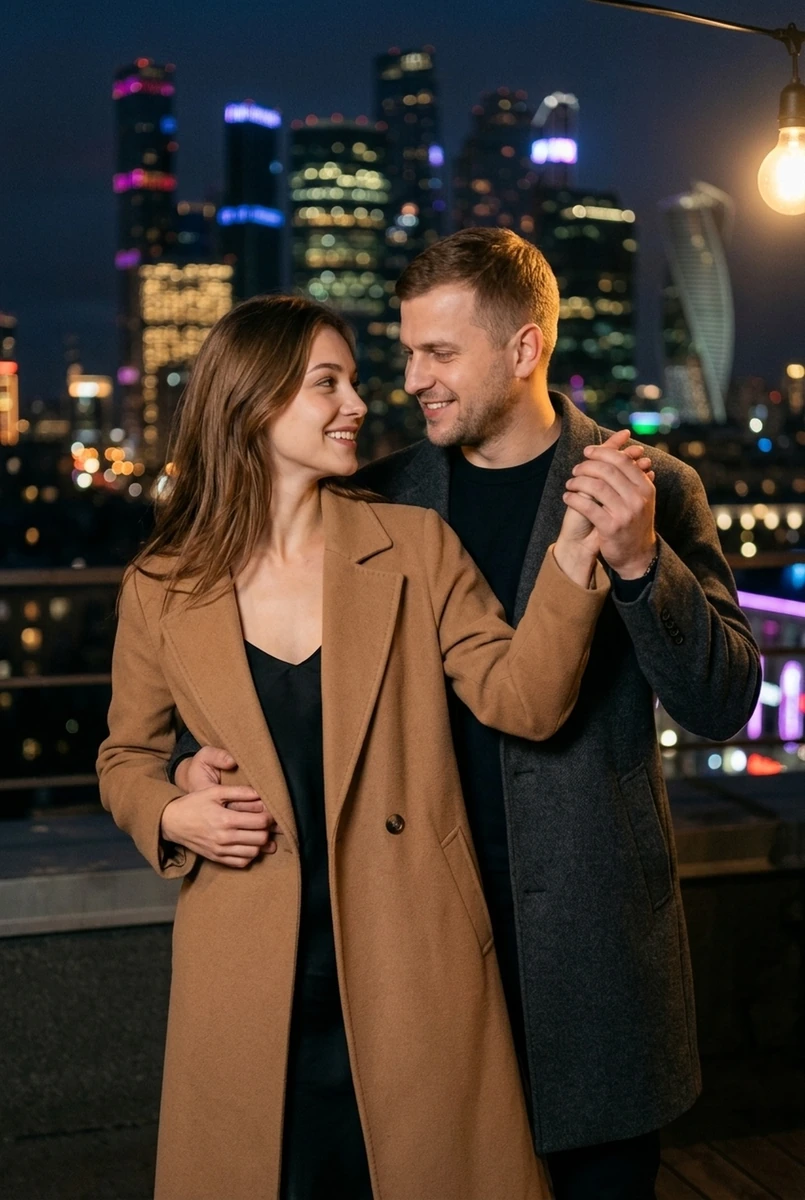 Пара на крыше ночного города: медленный танец на крыше — кадр ИИ-фотосессии