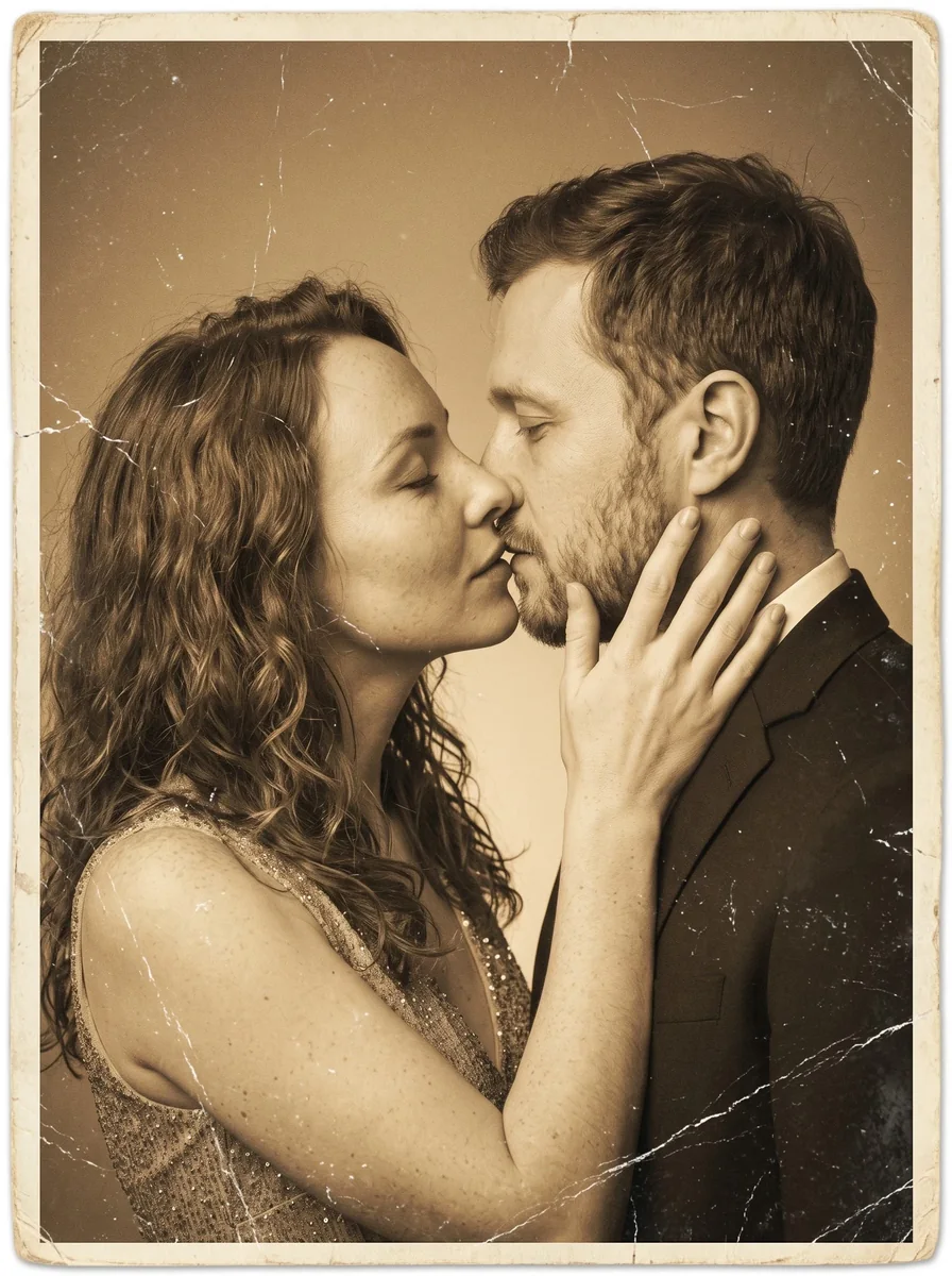 Винтажная фотобудка: нежный поцелуй — кадр ИИ-фотосессии