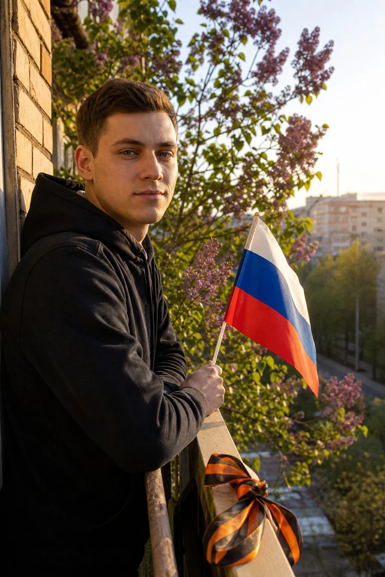Балкон с флагом майским утром