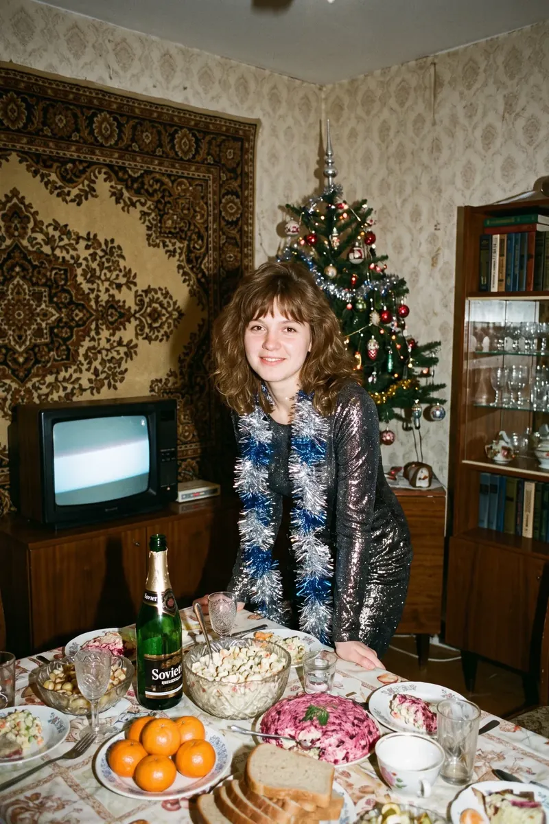 Новый год в 90-х. Новогодний вечер в квартире 90-х: ковёр на стене, мишура, оливье и вспышка мыльницы.