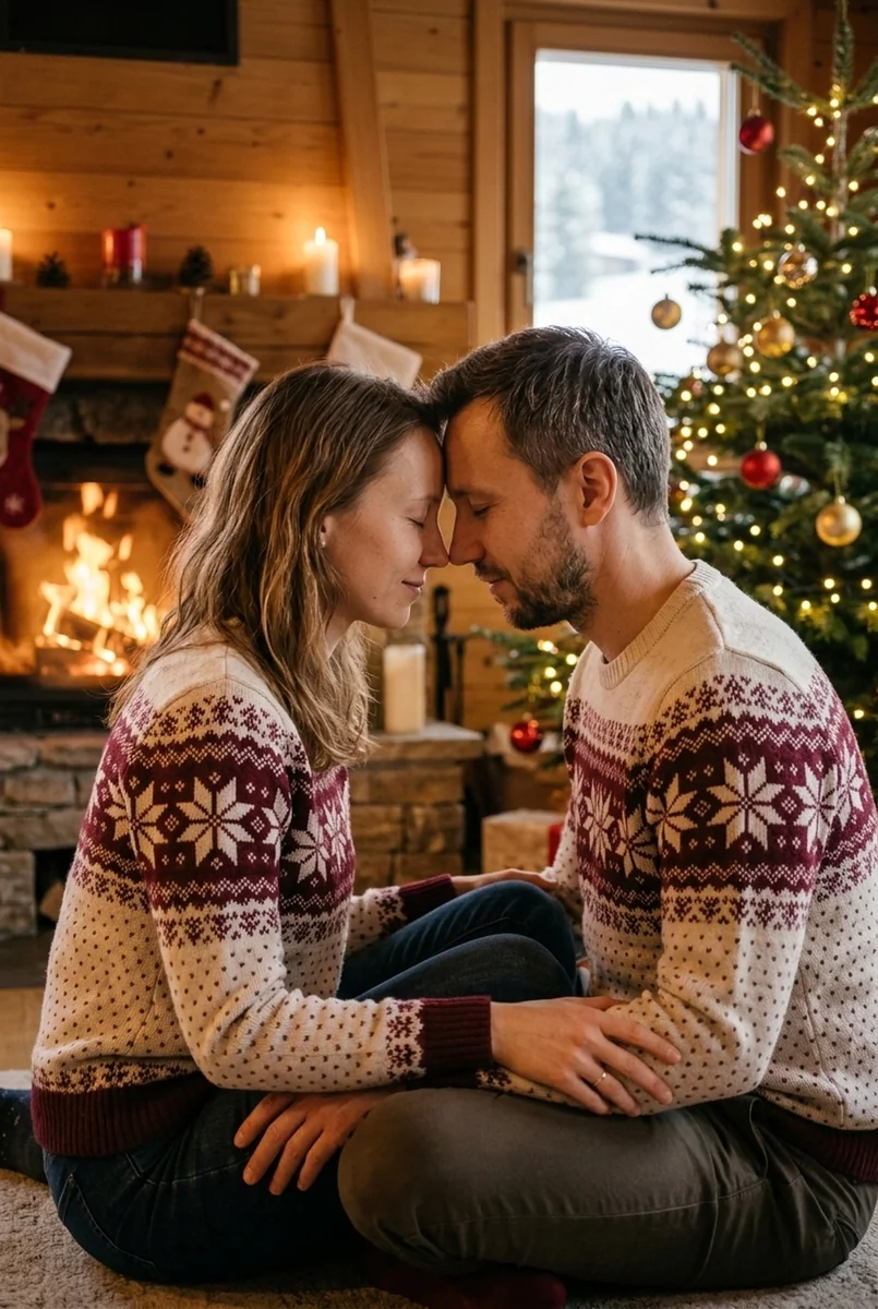 Новый год вдвоём: лбами у камина — кадр ИИ-фотосессии