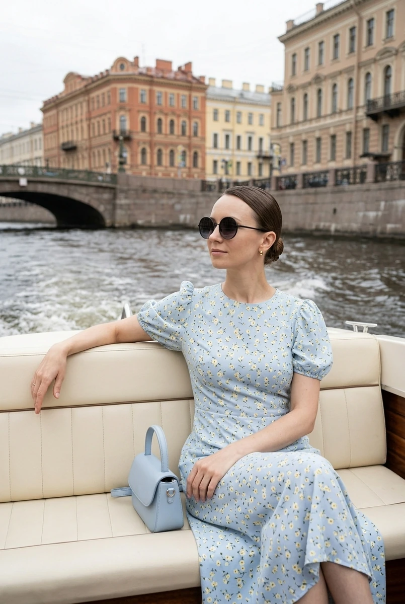 СПб: катер по каналам: расслабленно на сиденье — кадр ИИ-фотосессии