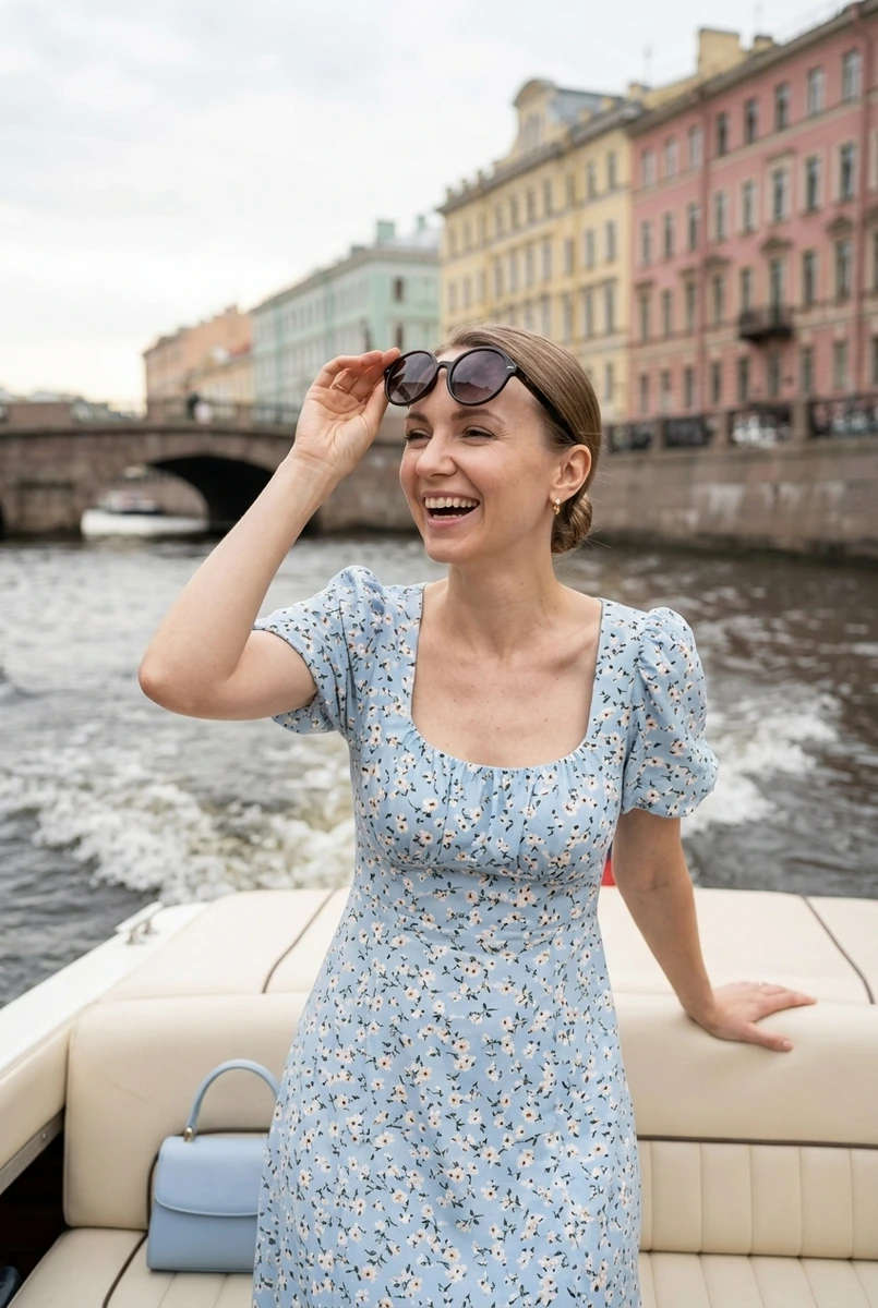 СПб: катер по каналам: смеётся на ходу — кадр ИИ-фотосессии