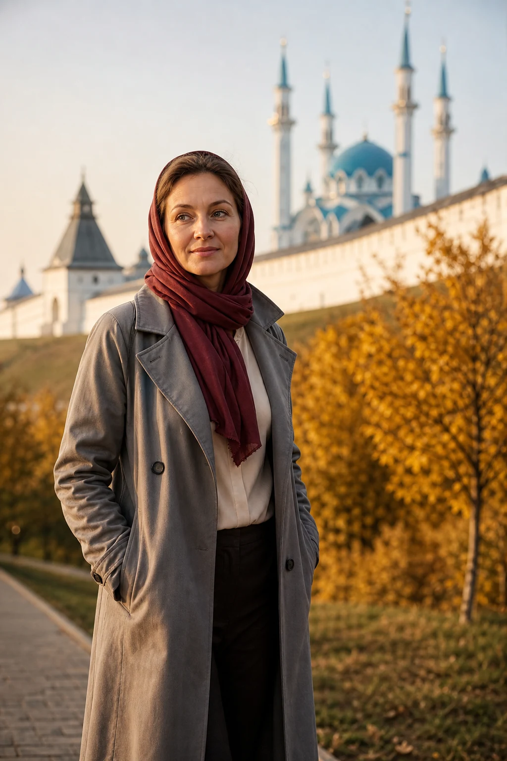 Казанский Кремль осенью. У стен мечети Кул-Шариф в осенний день, тренч и шарф.