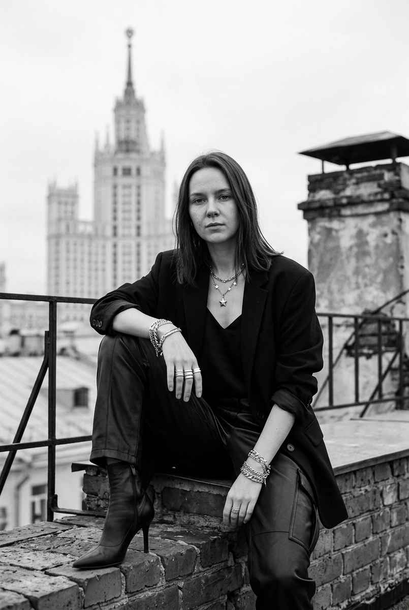 Чёрно-белый портрет на московской крыше: сидит на парапете, кольца в кадре — кадр ИИ-фотосессии