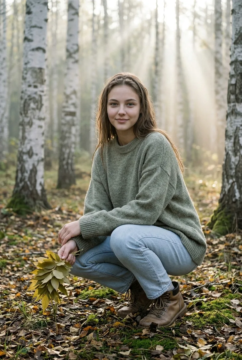 Лесное утро в тумане: приседает среди листьев — кадр ИИ-фотосессии