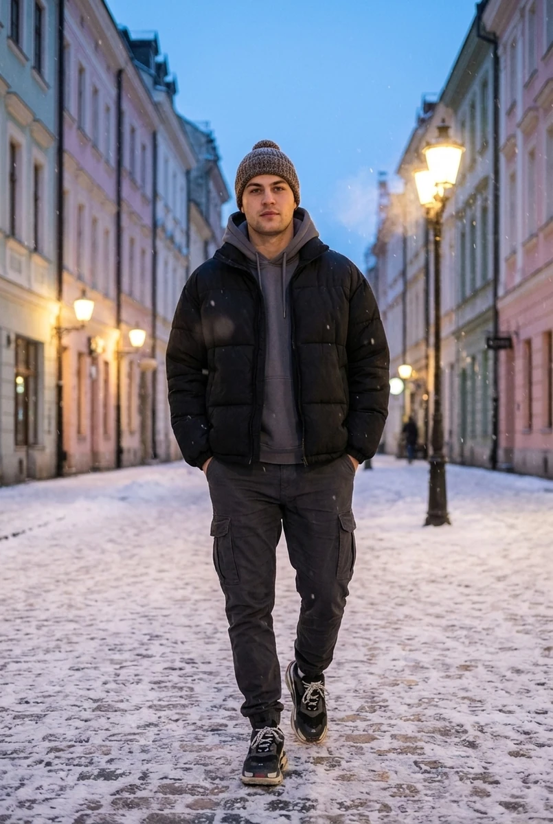Зимний пуховик в центре. Зимний streetwear в заснеженном центре: объёмный пуховик, худи и массивные кроссовки на синем часе.